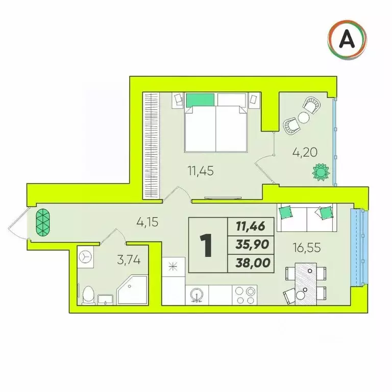 1-к кв. Калужская область, Калуга Зеленый жилой комплекс (38.0 м) - Фото 1