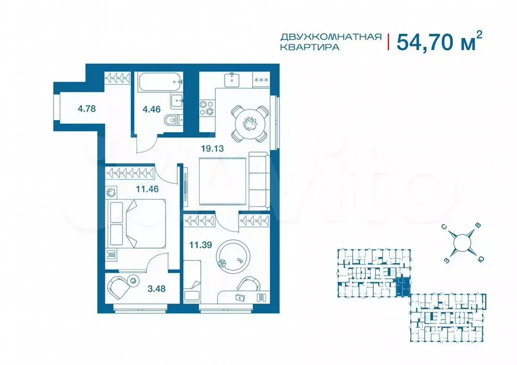 2-к. квартира, 54,7м, 6/25эт. - Фото 0