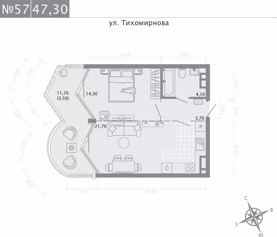 1-к кв. Татарстан, Казань ул. Калинина, 1Б (47.3 м) - Фото 0