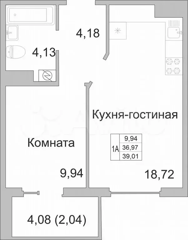 1-к. квартира, 39м, 6/9эт. - Фото 0