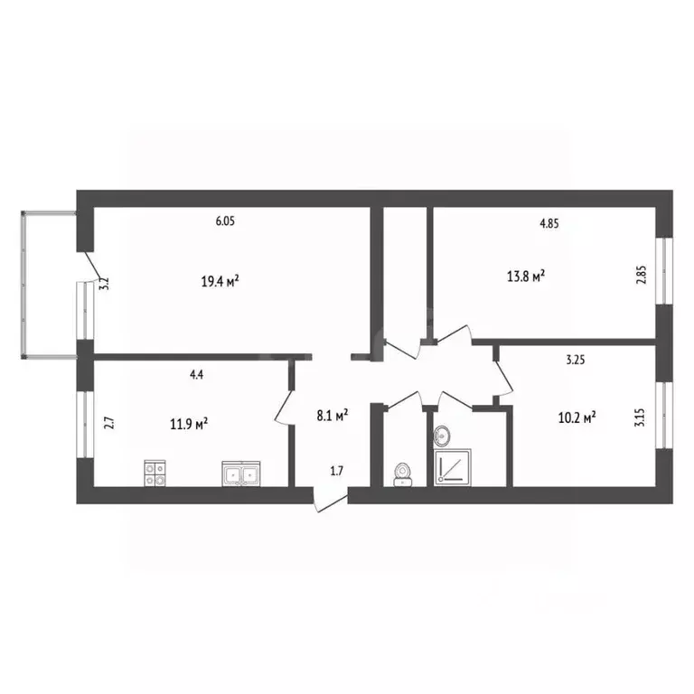 3-к кв. Ямало-Ненецкий АО, Новый Уренгой Мирный мкр, 6/2 (70.5 м) - Фото 2