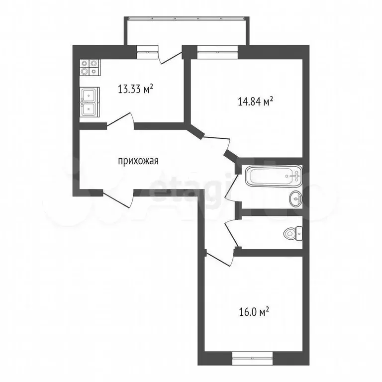 2-к. квартира, 51,5 м, 1/3 эт. - Фото 0