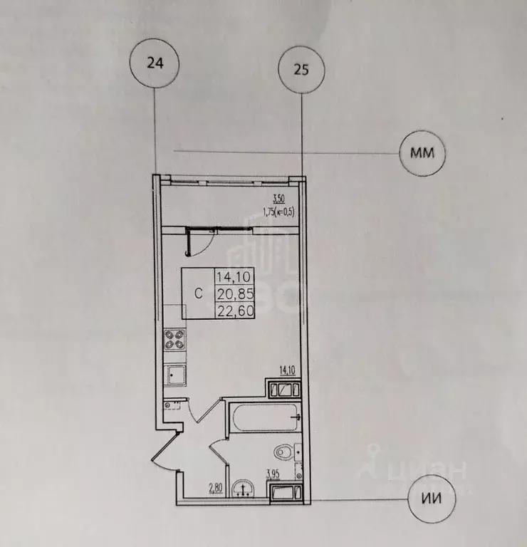 Студия Санкт-Петербург пос. Шушары, просп. Старорусский, 5к1 (22.0 м) - Фото 2