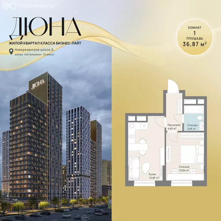 1-комнатная квартира: Котельники, ЖК Дюна (36.87 м) - Фото 1