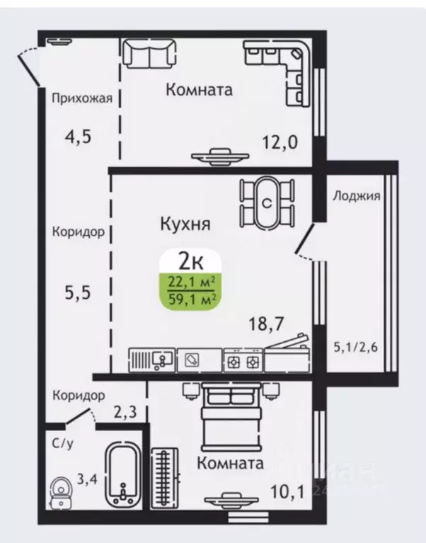 2-к кв. Курганская область, Курган Заозерный жилрайон, 5-й мкр, 36 ... - Фото 2
