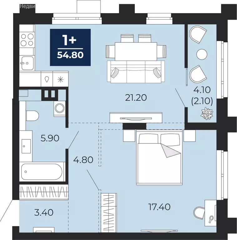 1-комнатная квартира: Тюмень, улица Пожарных и Спасателей, 1 (54.8 м) - Фото 1