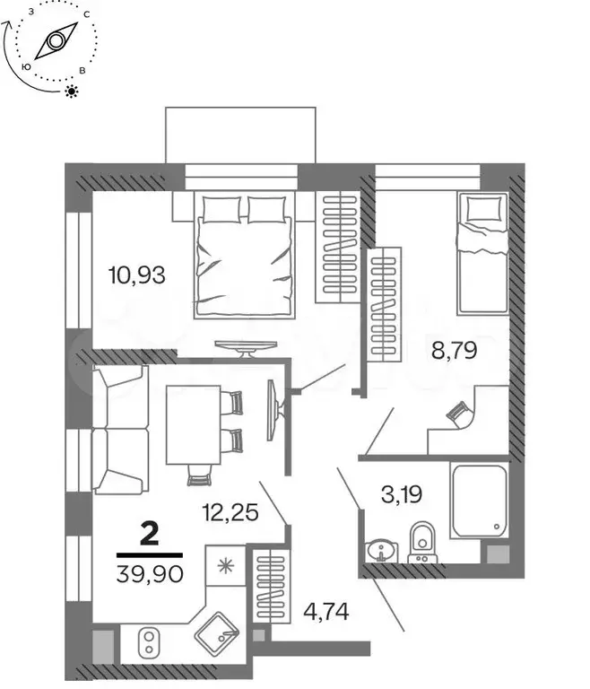 2-к. квартира, 39,9 м, 8/25 эт. - Фото 0