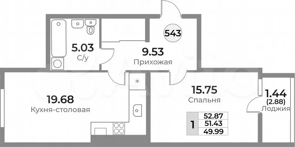 1-к. квартира, 53 м, 9/10 эт. - Фото 1