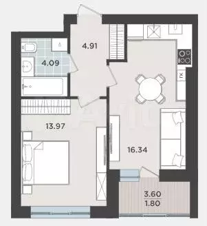 1-к. квартира, 43 м, 6/9 эт. - Фото 1