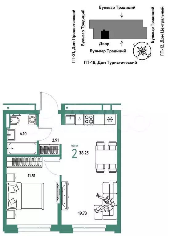 2-к. квартира, 38,3 м, 8/11 эт. - Фото 0