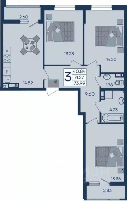 3-к кв. Краснодарский край, Краснодар  (73.99 м) - Фото 1