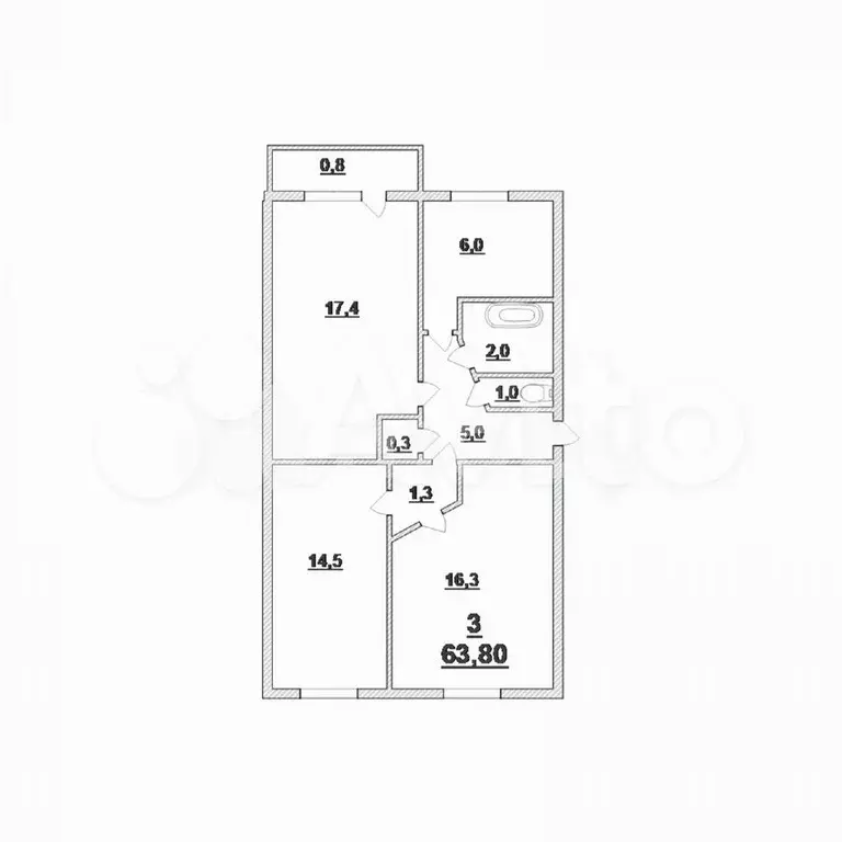 3-к. квартира, 63,8 м, 5/5 эт. - Фото 0