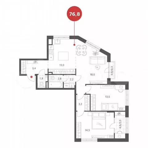 3-к. квартира, 76,8 м, 3/4 эт. - Фото 0