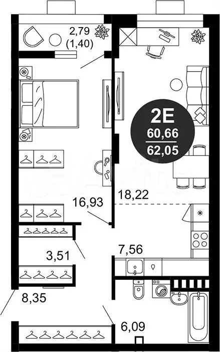 1-к. квартира, 62 м, 3/10 эт. - Фото 1