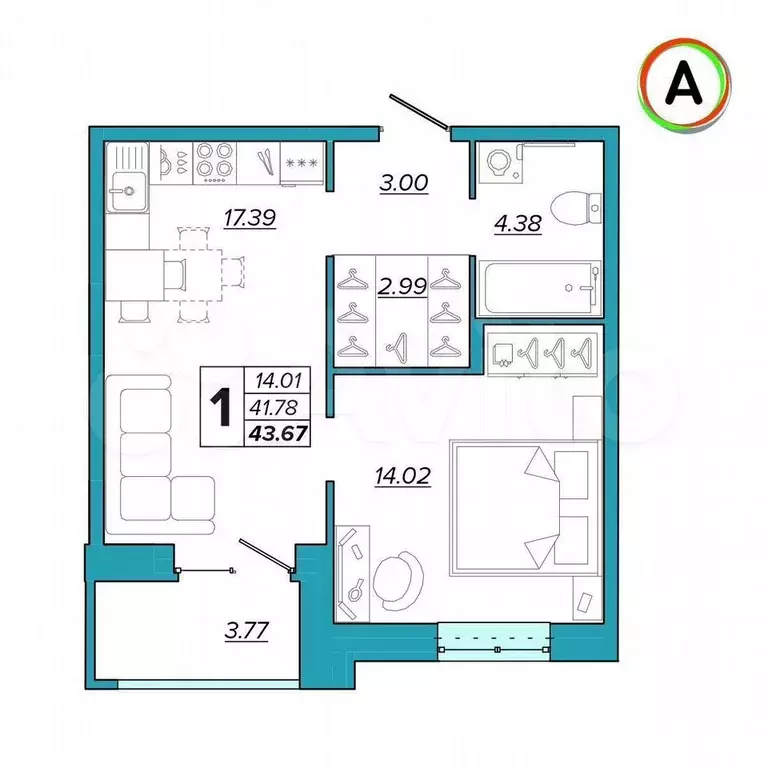 1-к. квартира, 43,7 м, 15/16 эт. - Фото 1