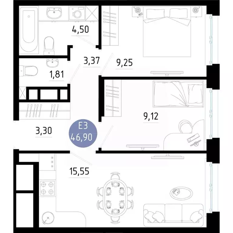 2-к кв. Рязанская область, Рязань 9-10-й кв-л,  (46.9 м) - Фото 0