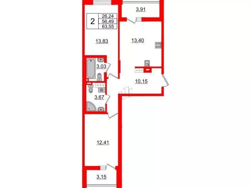 Квартира, 2 комнаты, 56.49 м - Фото 0