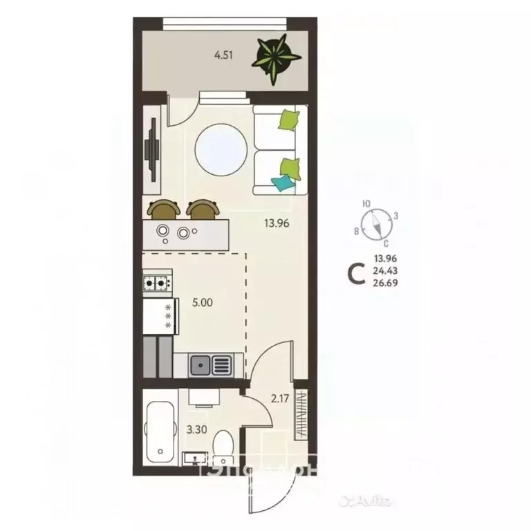 Студия Курская область, Курск ул. Энгельса, 115/5 (27.7 м) - Фото 2