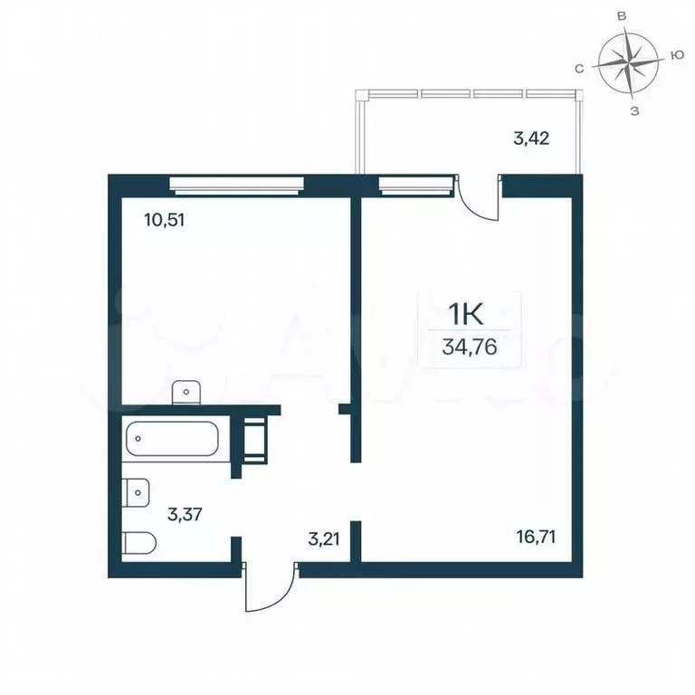 1-к. квартира, 34,8м, 5/9эт. - Фото 0