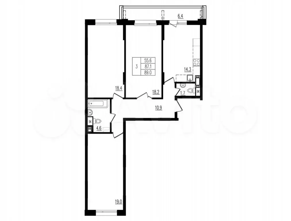 3-к. квартира, 89,1 м, 4/9 эт. - Фото 0