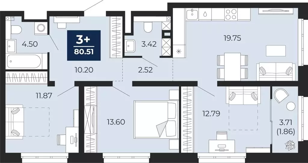 3-комнатная квартира: Тюмень, микрорайон Энтузиастов (78.65 м) - Фото 0