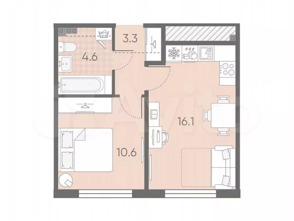 1-к. квартира, 34,6 м, 2/4 эт. - Фото 0