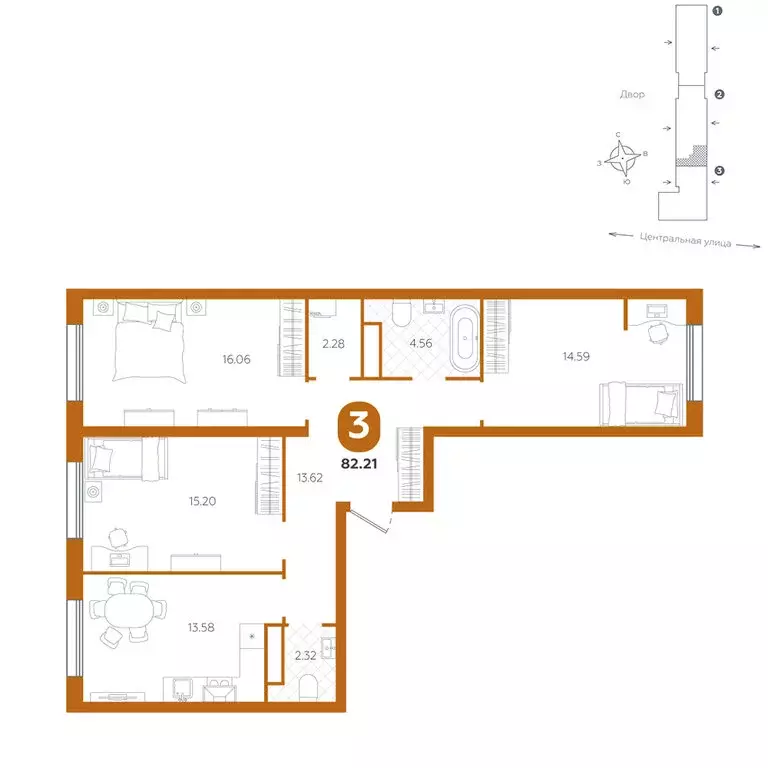 3-комнатная квартира: Горьковка, Центральная улица, 25к1 (82.21 м) - Фото 0