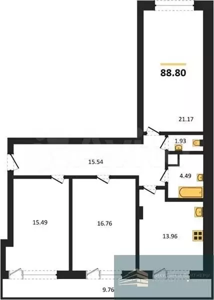 3-к. квартира, 88,8 м, 4/8 эт. - Фото 0