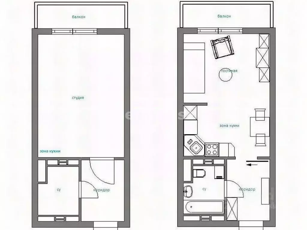 Студия Севастополь проезд Рубежный, 28 (24.0 м) - Фото 2