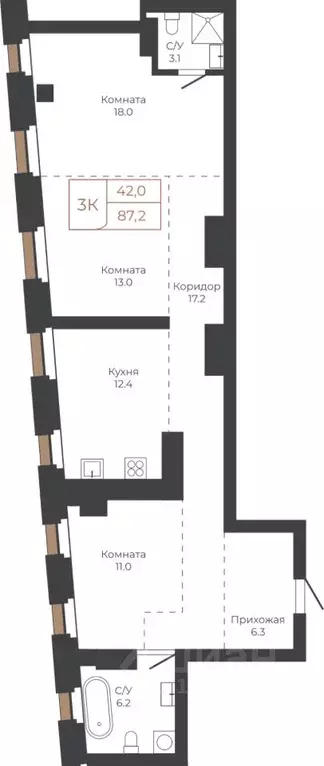 3-к кв. Алтайский край, Барнаул пл. Баварина, 8к1 (86.9 м) - Фото 1