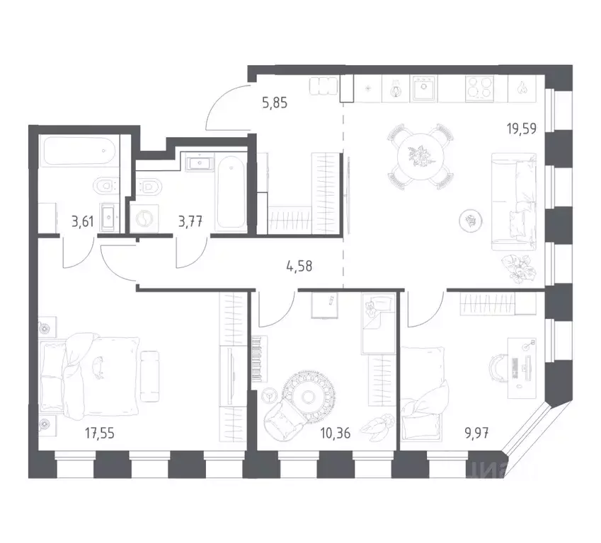 3-к кв. Татарстан, Казань Зилант Премьер жилой комплекс (75.28 м) - Фото 1
