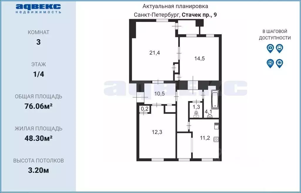 3-к кв. Санкт-Петербург просп. Стачек, 9 (76.06 м) - Фото 1