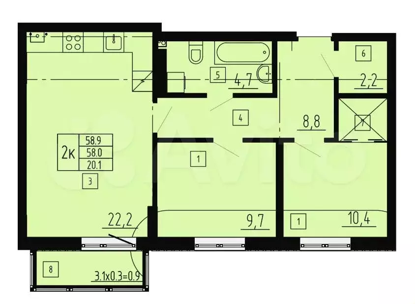 2-к. квартира, 58,9 м, 2/9 эт. - Фото 1