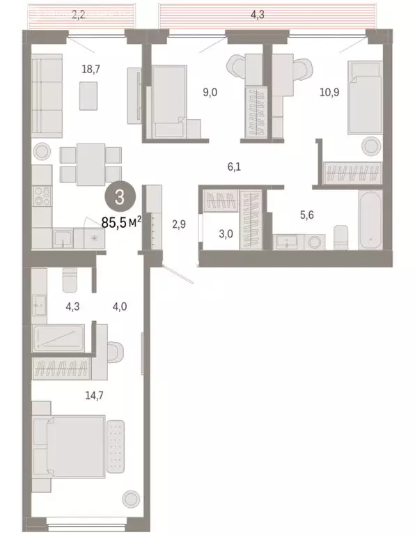 3-комнатная квартира: Новосибирский район, рабочий посёлок Краснообск, ... - Фото 2