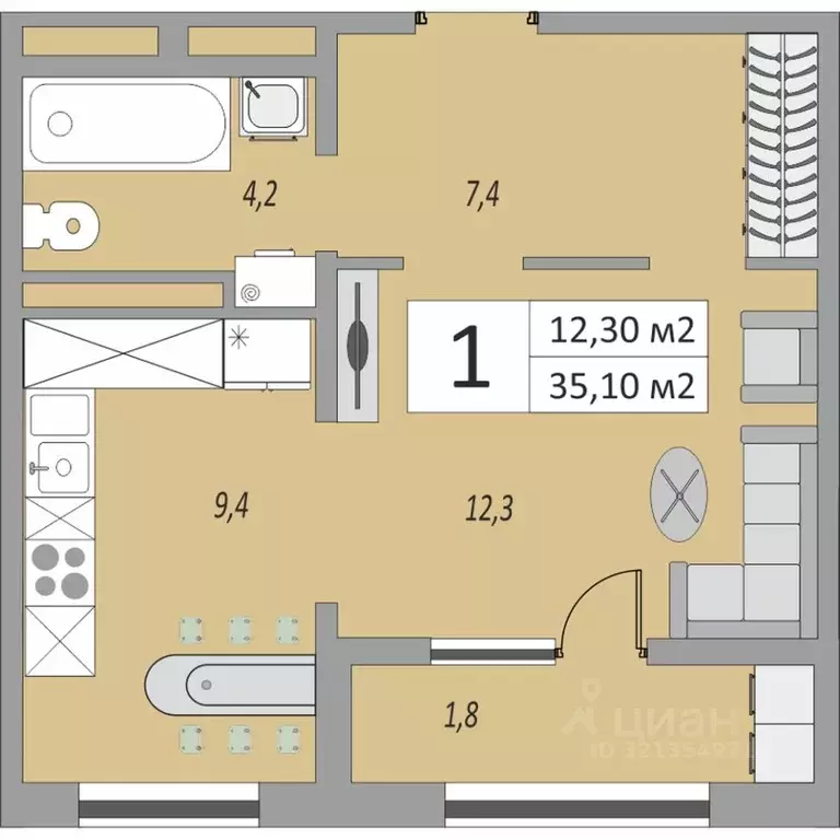 1-к кв. Оренбургская область, Оренбург ул. Юркина, 6 (35.1 м) - Фото 1