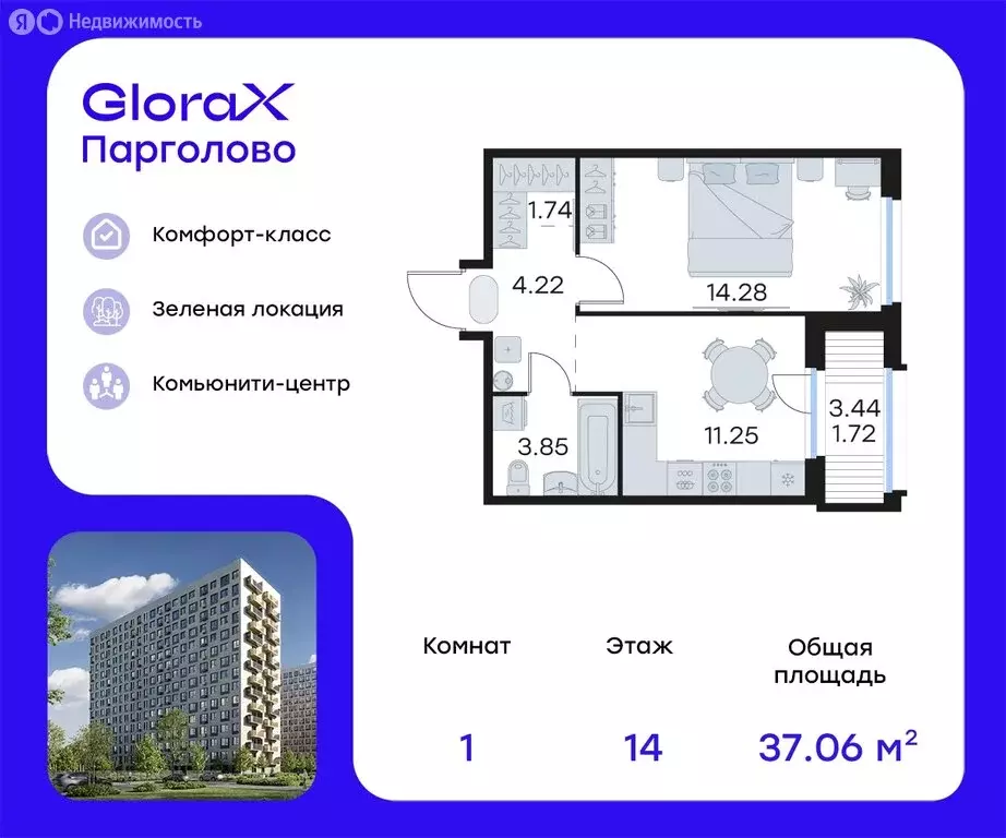 1-комнатная квартира: Санкт-Петербург, посёлок Парголово, жилой ... - Фото 0
