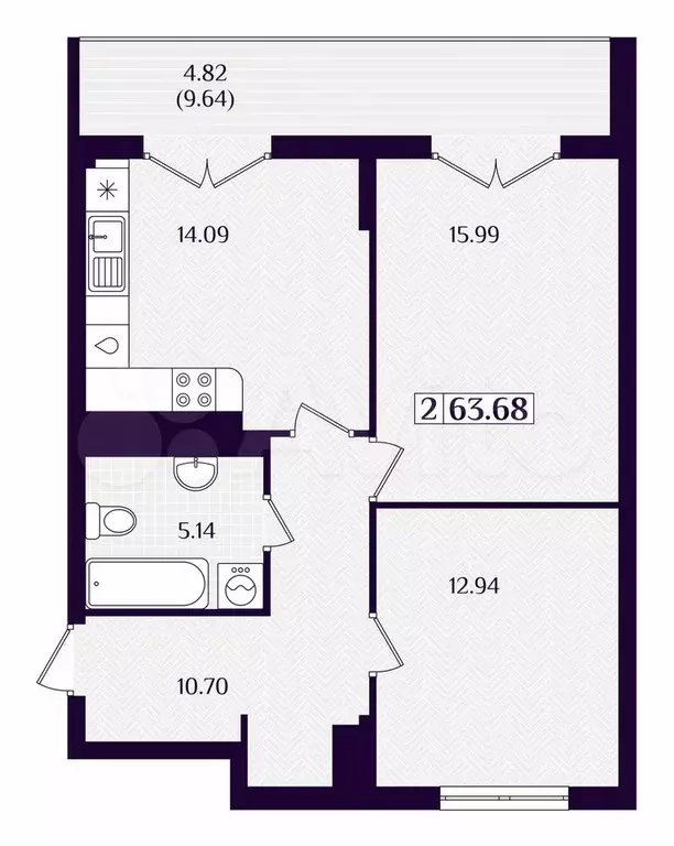 2-к. квартира, 63,7 м, 6/7 эт. - Фото 1