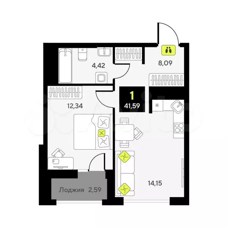 1-к. квартира, 41,6 м, 4/10 эт. - Фото 0