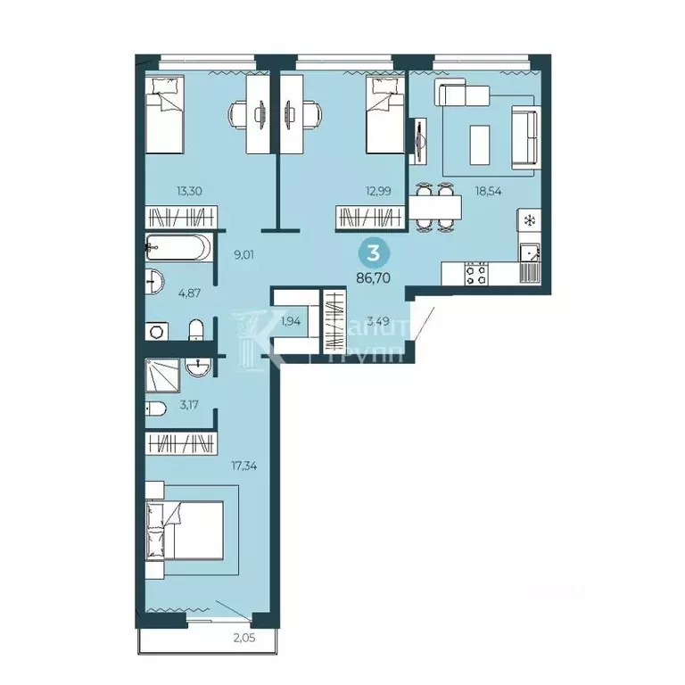 3-к кв. Тюменская область, Тюмень ул. Василия Подшибякина, 9 (86.7 м) - Фото 2
