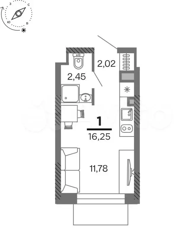 1-к. квартира, 16,3 м, 12/25 эт. - Фото 1
