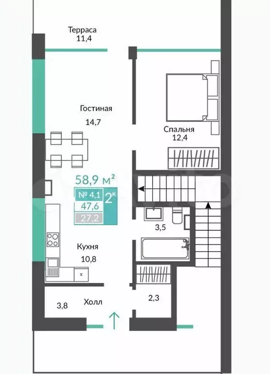 2-к. апартаменты, 58,9 м, 1/3 эт. - Фото 1