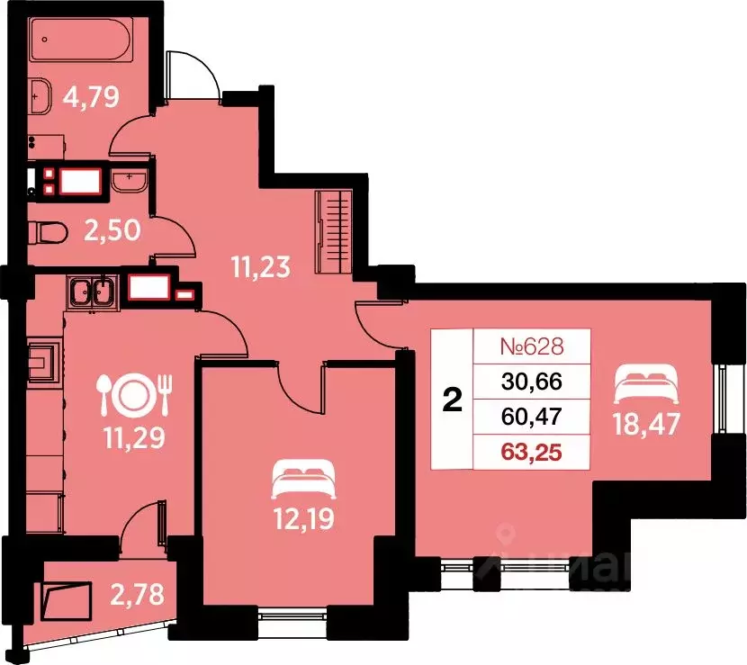 2-к кв. Калининградская область, Калининград ул. Гайдара, 94 (63.25 м) - Фото 0