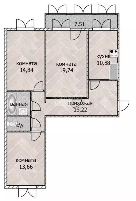 3-к. квартира, 76,6 м, 4/10 эт. - Фото 0