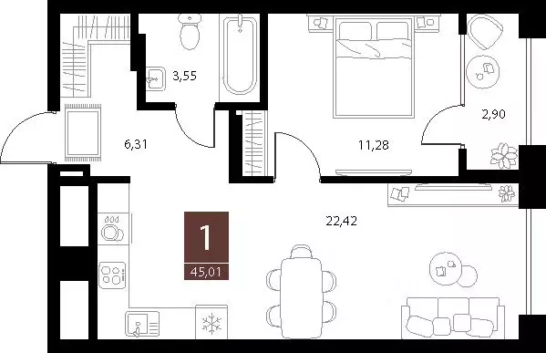 1-к кв. Рязанская область, Рязань ул. Бирюзова, 20с1 (45.01 м) - Фото 1