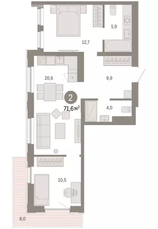 2-комнатная квартира: Тюмень, Краснооктябрьская улица, 4к1 (71.57 м) - Фото 2