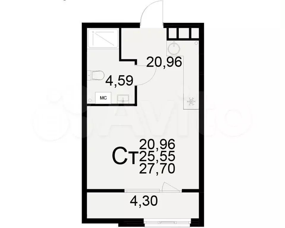 Квартира-студия, 27,7 м, 14/21 эт. - Фото 1