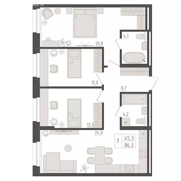 3-комнатная квартира: Уфа, ЖК Новый Империал, лит3/1 (86.3 м) - Фото 2