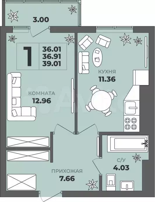 1-к. квартира, 36,9 м, 8/8 эт. - Фото 1