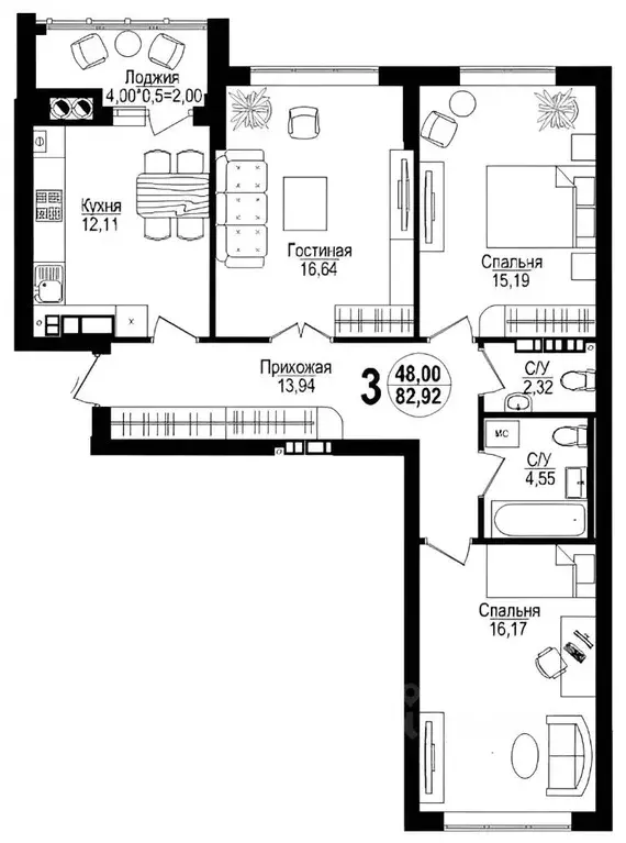 3-к кв. Калининградская область, Калининград проезд Крымский, 2 (84.3 ... - Фото 2