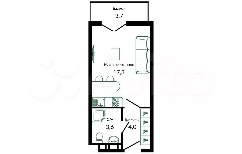 Квартира-студия, 25,8 м, 2/11 эт. - Фото 0